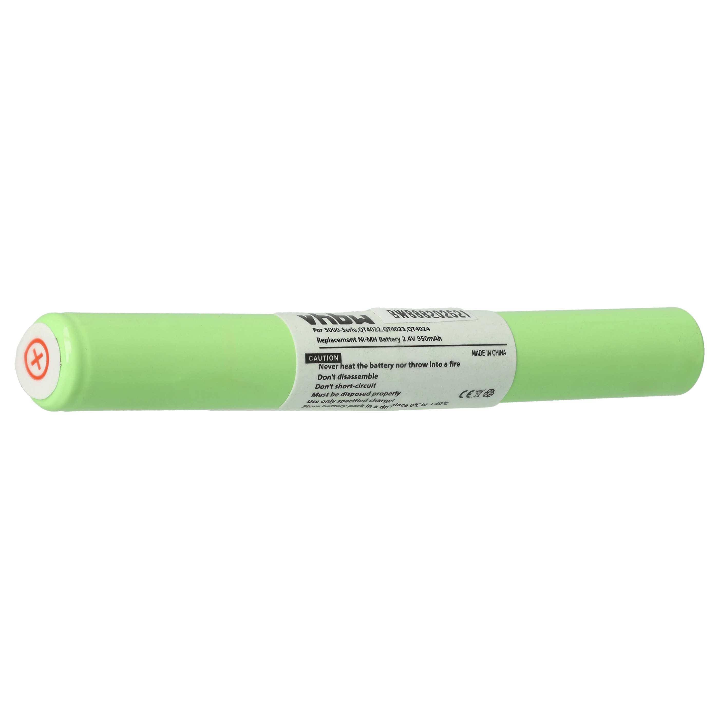 Eine zylindrische grüne Batterie mit einem Pluszeichen an einem Ende und einem weißen Etikett mit Sicherheitswarnungen und Spezifikationen.