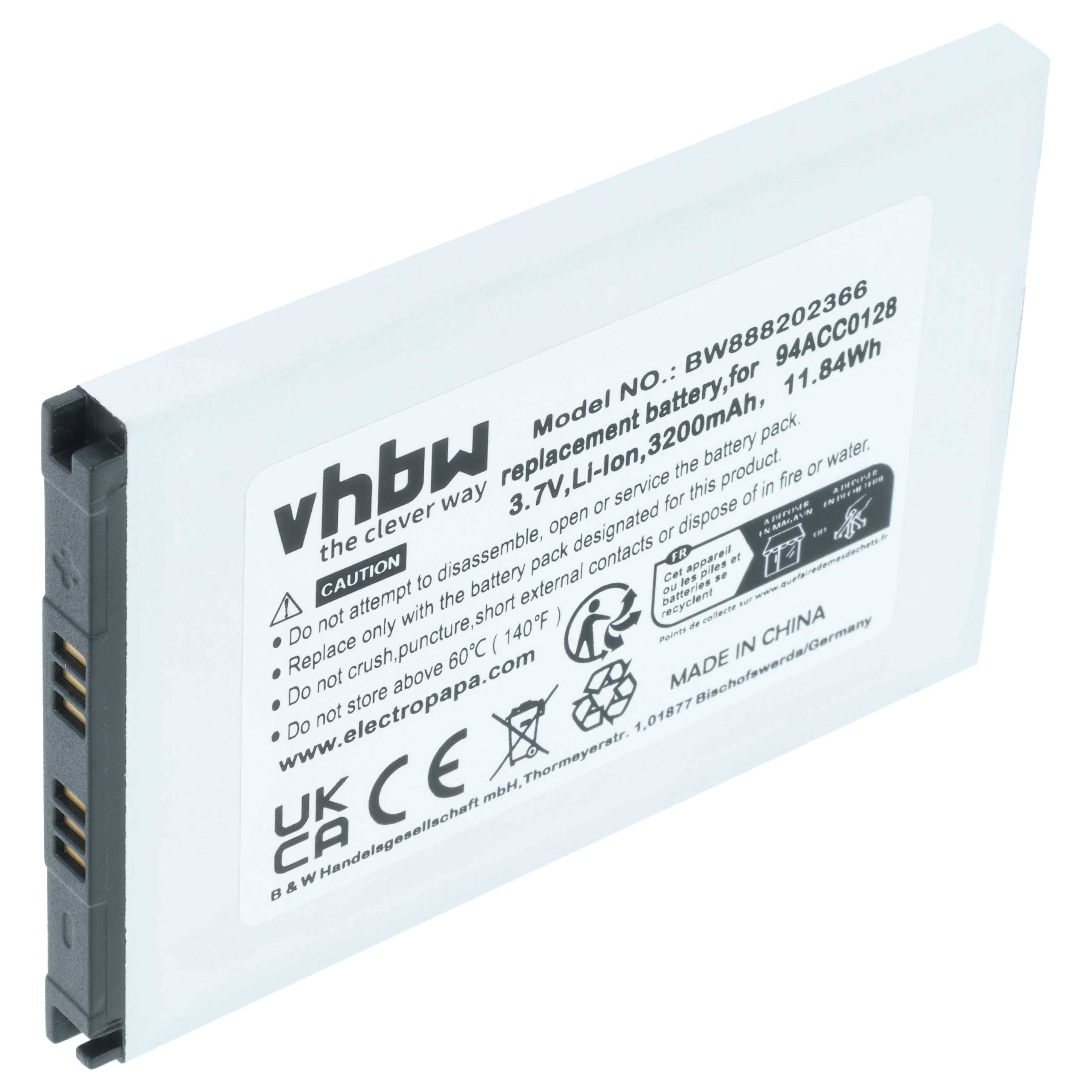 Rechteckiger Akku mit Etikett der Marke 'vhbw', 3200 mAh Kapazität, und Sicherheitshinweisen. Hergestellt in China.