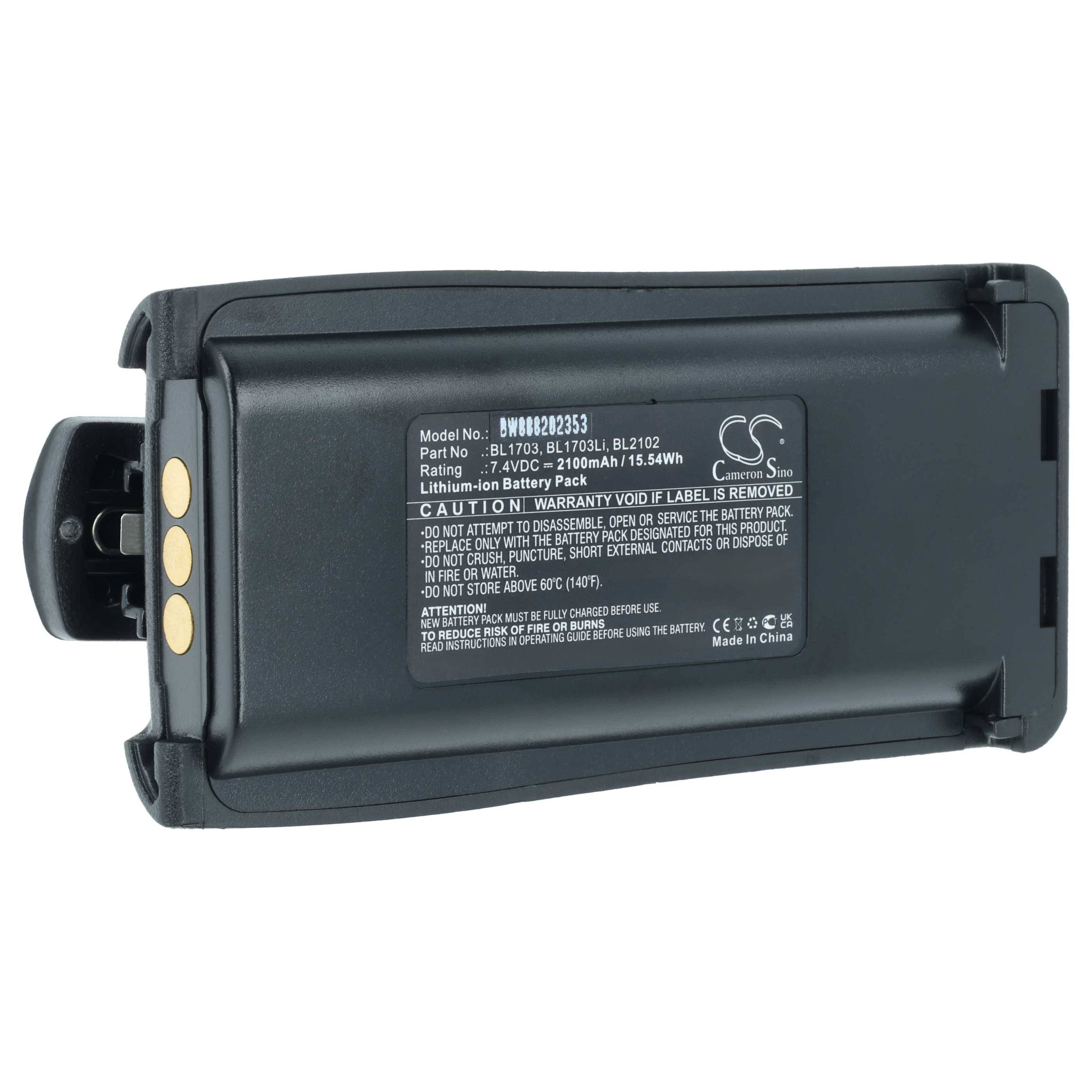Rückansicht eines schwarzen Lithium-Ionen-Akkupakets für Kommunikationsgeräte. Enthält Modeldetails, Teilenummer, Bewertung und Warnhinweis.