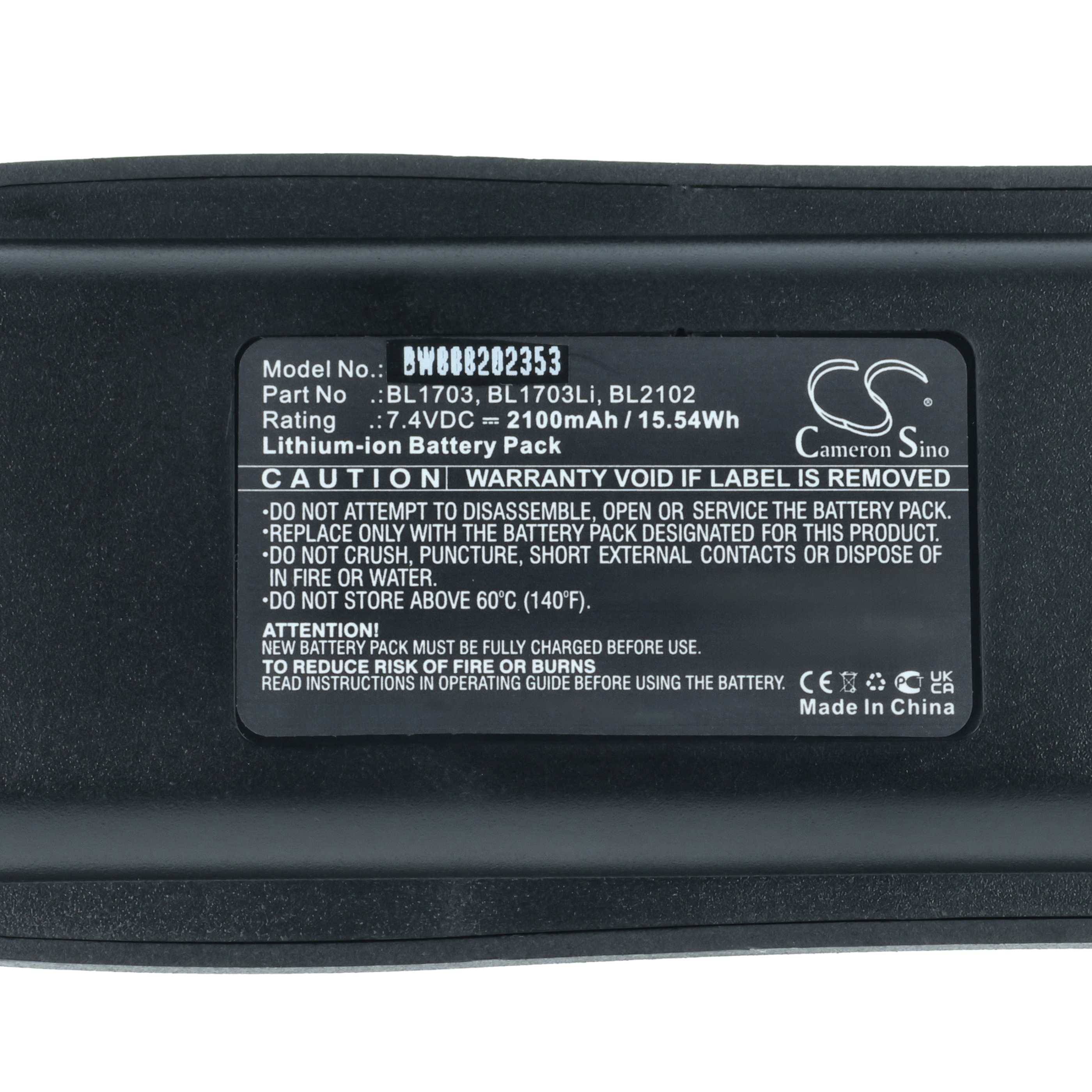 Ein Lithium-Ionen-Akkupack-Etikett mit Modell 'BW088202353', Kapazität 2100mAh, mit Sicherheitswarnhinweisen und 'Made in China'.