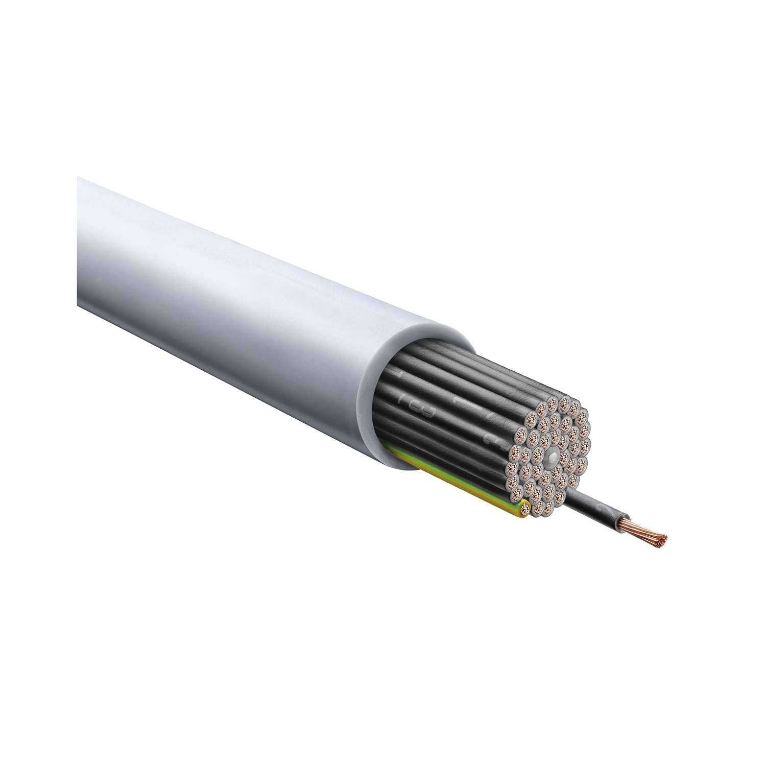 Querschnitt eines elektrischen Kabels, das mehrere isolierte Drähte zeigt, die in einer weißen äußeren Ummantelung gebündelt sind und die Enden von Kupferdraht offenlegen.