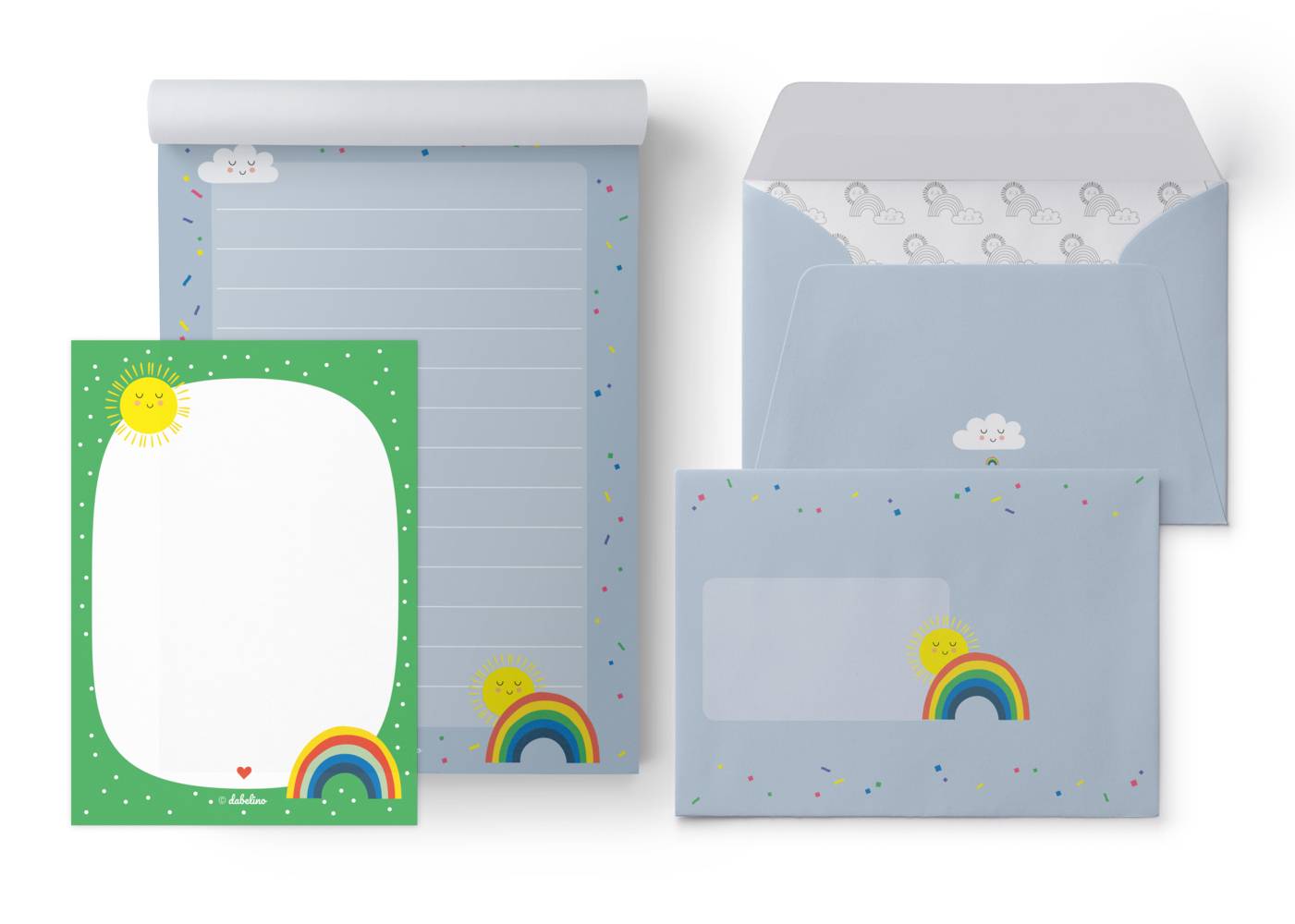 Liniertes Briefpapier-Set für Kinder: Regenbogen (für Mädchen und Jungen, bunt) 25 Blatt + 10 Umschläge + 1 Malblock