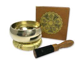 Dhyani-Klangschale (310 g) mit bedruckter Geschenkbox, Ring, Holz/Lederklöppel Originelle Dhyani-Klangschale (310g) mit passender Box.und Zubehör