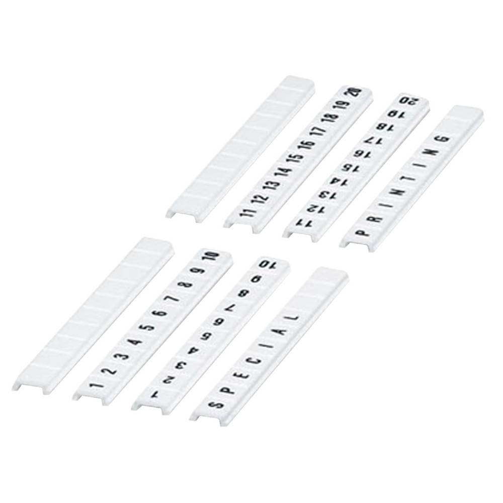 Weiße Plastikstreifen mit schwarzen Zahlen und Buchstaben 'SPECIAL PRINTING'. Die Streifen sind konfigurierbar und zeigen verschiedene Zahlen/Buchstaben.