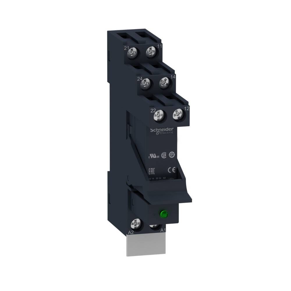 Eine schwarze Schneider Electric Relaishalterung mit mehreren Anschlusspunkten. Das Markenlogo und die Zertifizierungen sind auf der Vorderseite sichtbar.