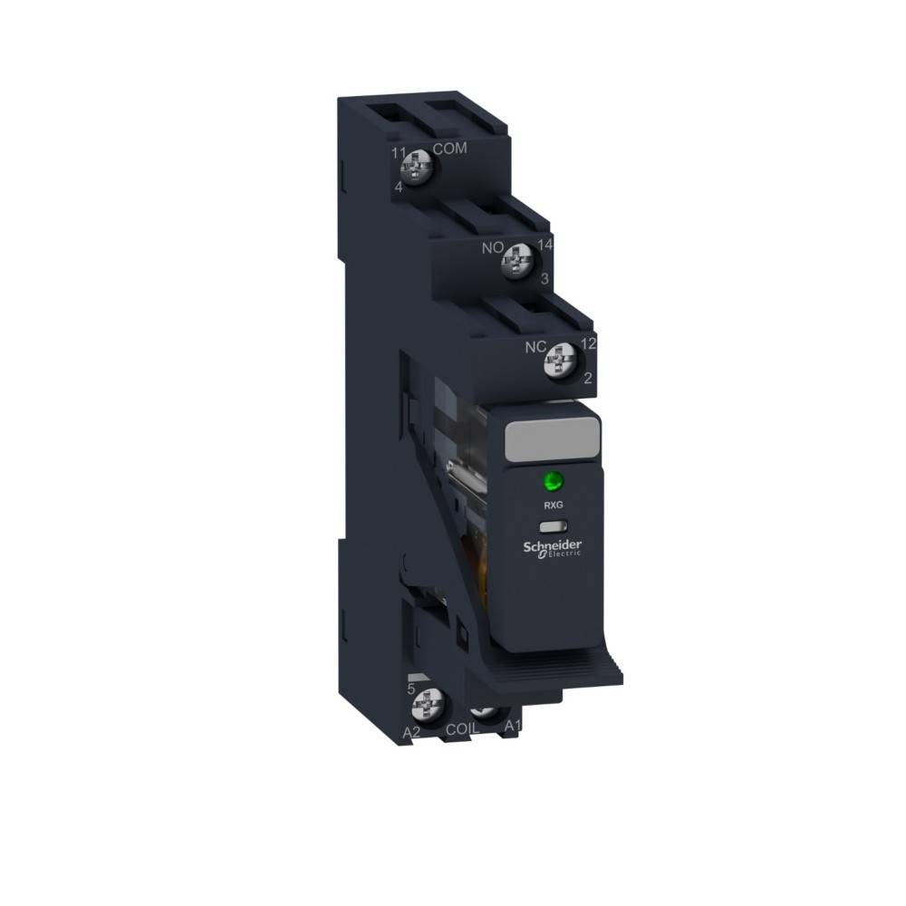 Schneider Electric Relais, schwarzes Gehäuse, vier Anschlüsse beschriftet: COM, NC, NO, A1, A2.