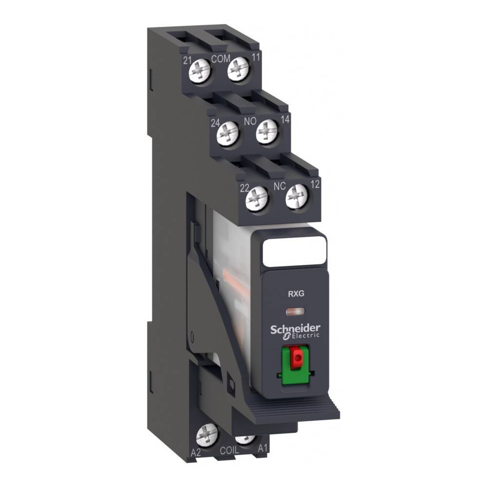 Ein kompaktes Schneider Electric Relais mit beschrifteten Anschlüssen und der Markierung 'RXG', das zur Steuerung elektrischer Schaltkreise verwendet wird.