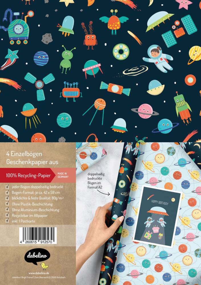 Geschenkpapier-Set für Kinder: Weltall (Astronauten, Raketen, Weltraum) 4x Einzelbögen + 1x Postkarte