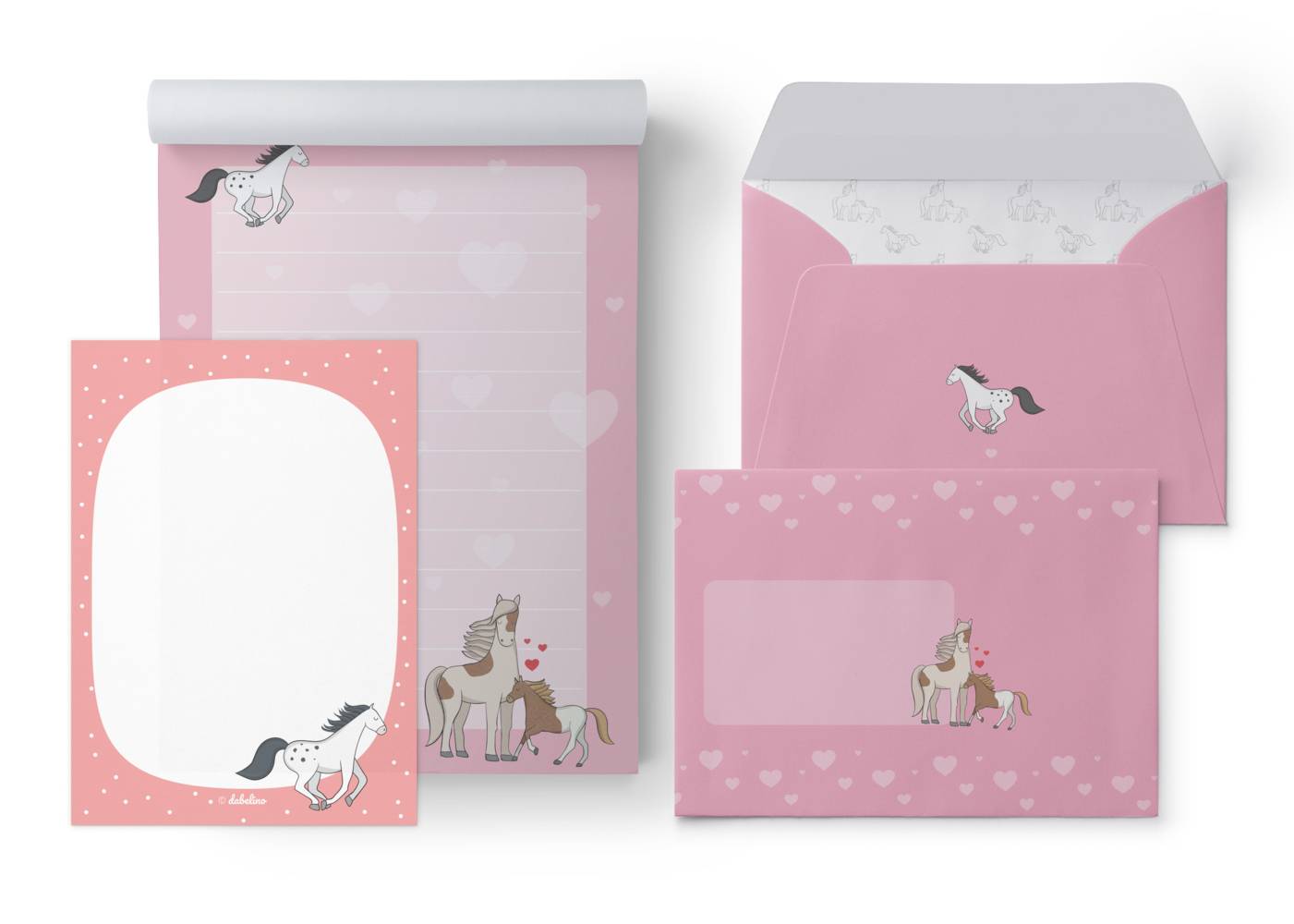 Liniertes Briefpapier-Set für Kinder: Pferde/ Ponys (rosa mit Herzen, Mädchen) 25 Blatt + 10 Umschläge + 1 Malblock