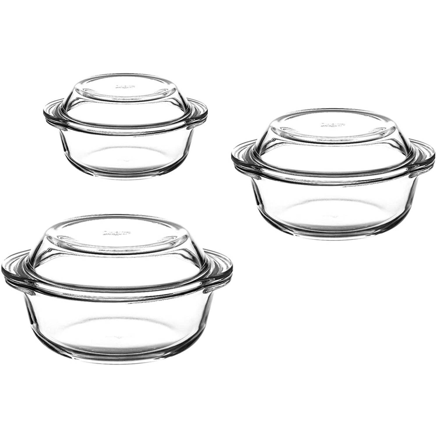 Pasabahce 159021 3er-Set 6-teilig Borcam Kasserolle 3er Set Glas Auflaufform rund mit Deckel Bräter Schüssel Glasschale