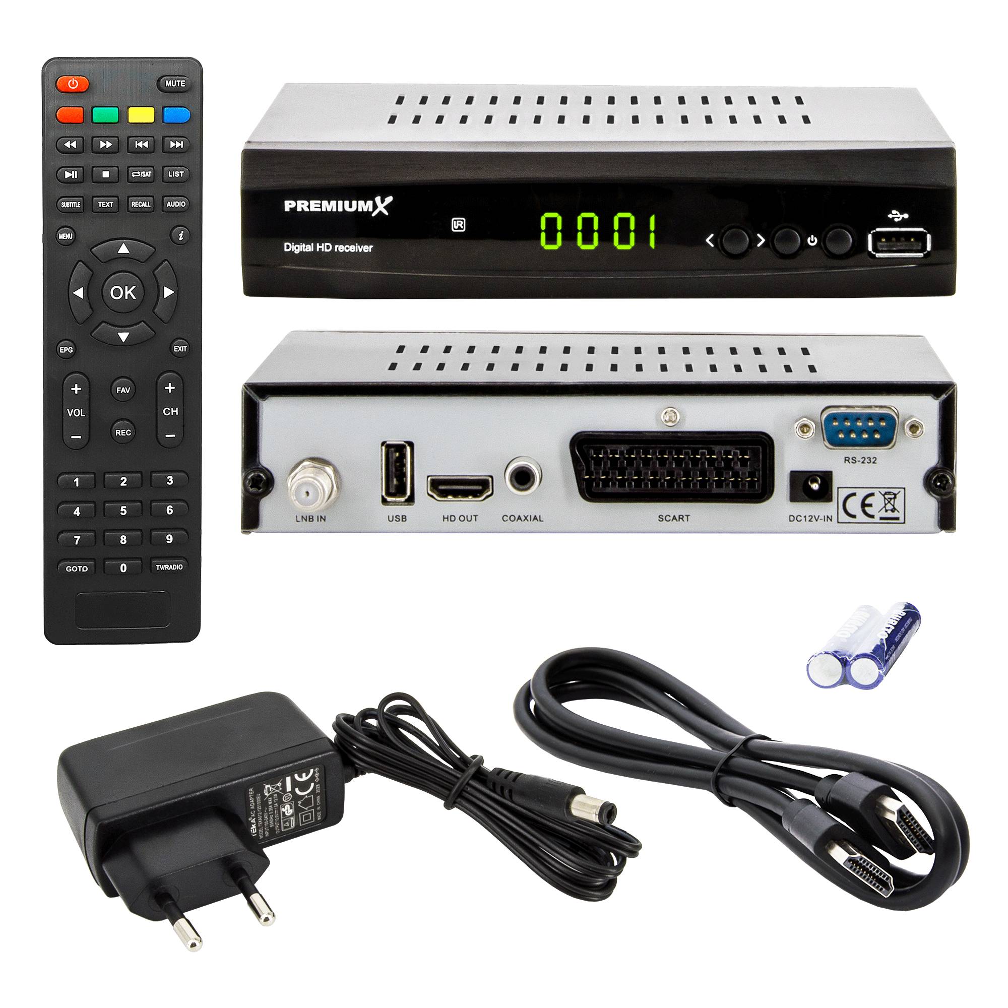 PremiumX Satelliten-Receiver HD 521 FTA Digital SAT TV-Receiver DVB-S2 FullHD HDMI SCART 2x USB Multimedia-Player, 12V externe Netzteil