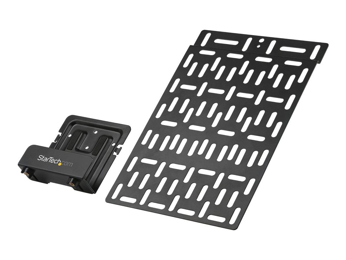 Schwarze perforierte Montageplatte mit ausgeklappter StarTech.com-Halterung oder Spannzubehör daneben auf weißem Hintergrund.