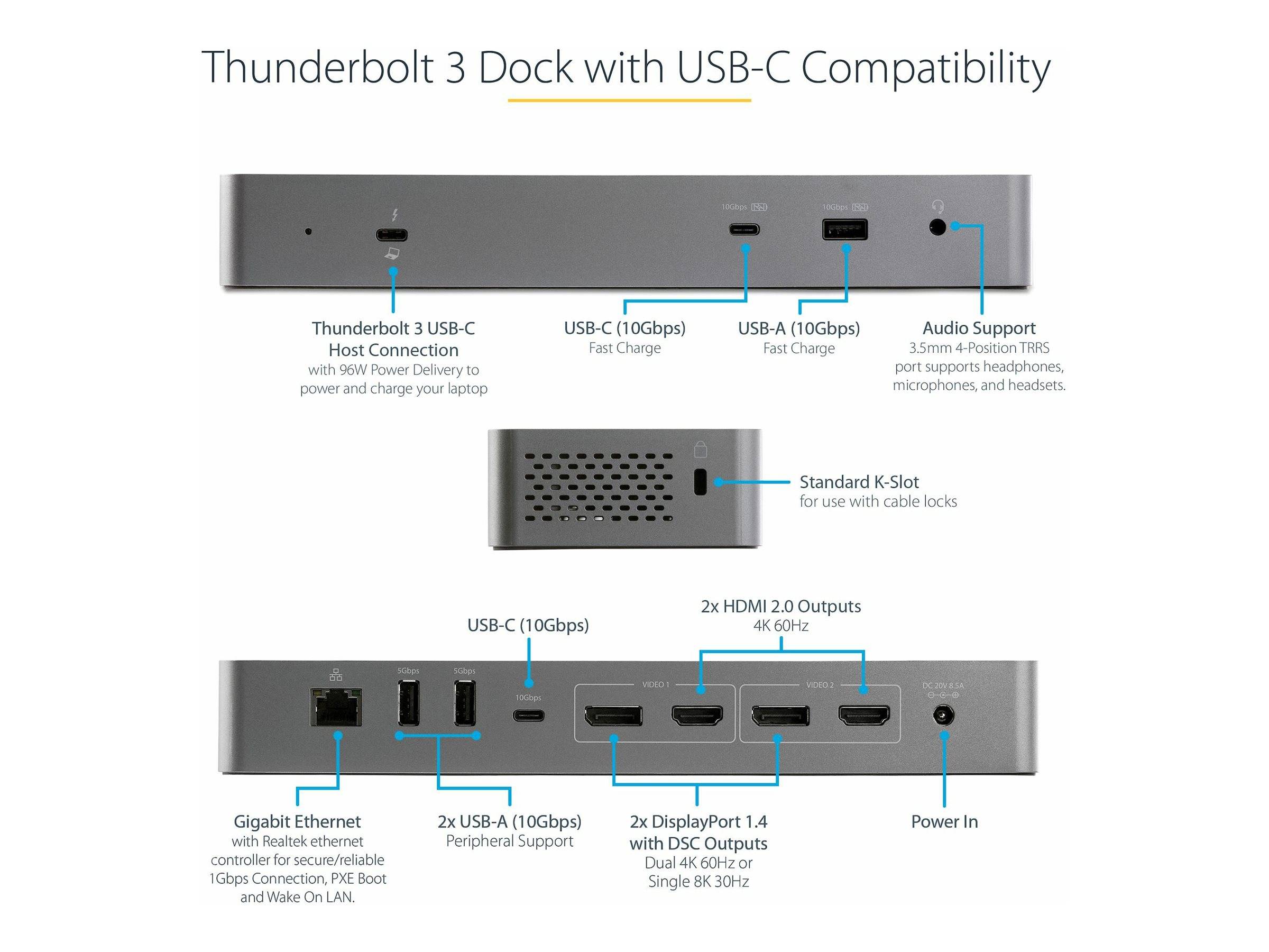 StarTech.com Thunderbolt 3 Dock mit USB-C Host-Kompatibilität - Dual 4K 60Hz DisplayPort 1.4 oder Dual HDMI Monitore - Single 8K - TB3/USB-C Laptop