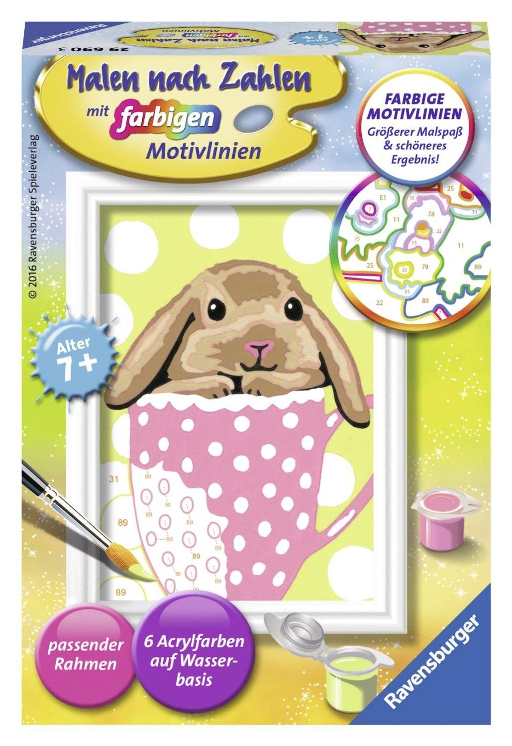 Ravensburger 29690 - Malen nach Zahlen, Süßes Schlappohr Mit farbigen Motivlinien, Jeder kann malen, mit 6 Acrylfarben auf Wasserbasis, Pinsel, pass