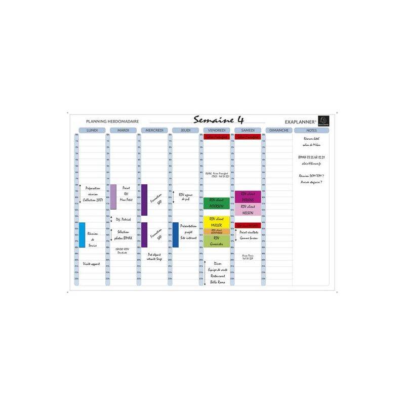 Wochenplaner mit täglichen Spalten von Montag bis Sonntag, mit Ereignissen, Aufgaben und farbenfrohen Notizen auf Deutsch für jeden Tag.