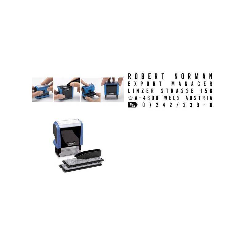 Robert Norman, Exportleiter, Linzer Straße 156, A-4600 Wels, Österreich, 07242/239-0' mit einem blau und schwarzen Stempel versehen.