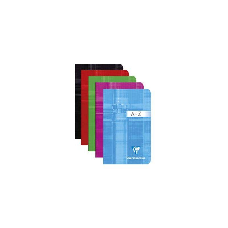 Ein Set von fünf bunten Notizbüchern, wobei jedes eine andere Deckelfarbe hat: schwarz, rot, grün, rosa und blau. Der blaue Notizbuchdeckel zeigt 'A-Z'.