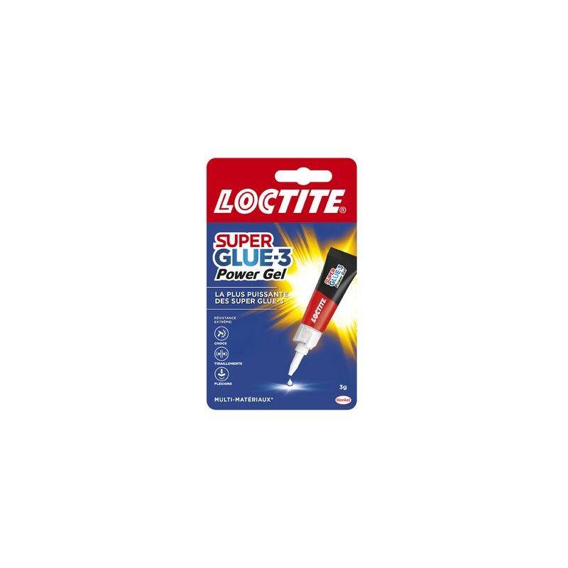 Verpackung von Loctite Super Glue-3 Power Gel, mit Tube und Präzisionsdüse. Text hebt die Stärke des Produkts und seine Eignung für verschiedene Materialien hervor.