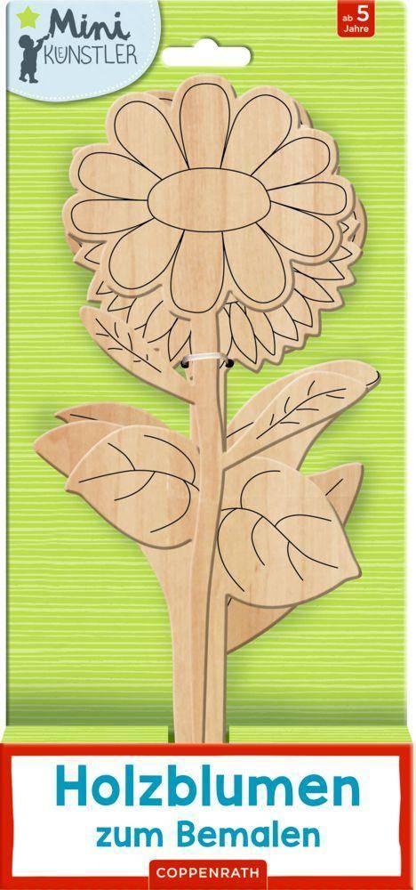 Holzblumen zum Bemalen Karte mit 4 verschiedenen Holzblumen, Maße: 22 cm, Mini-Künstler
