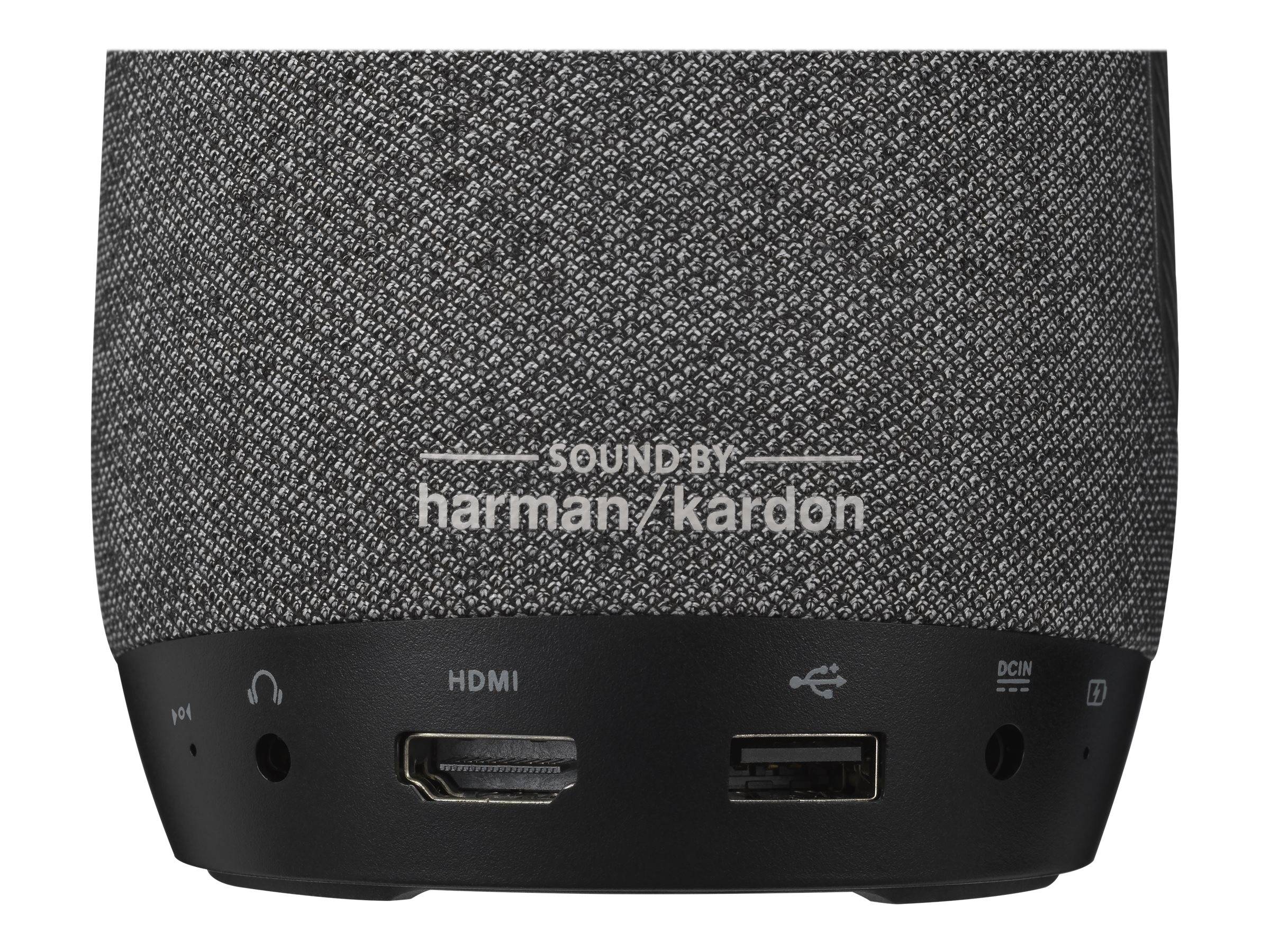 Vorderansicht eines tragbaren Lautsprechers mit „SOUND BY harman/kardon