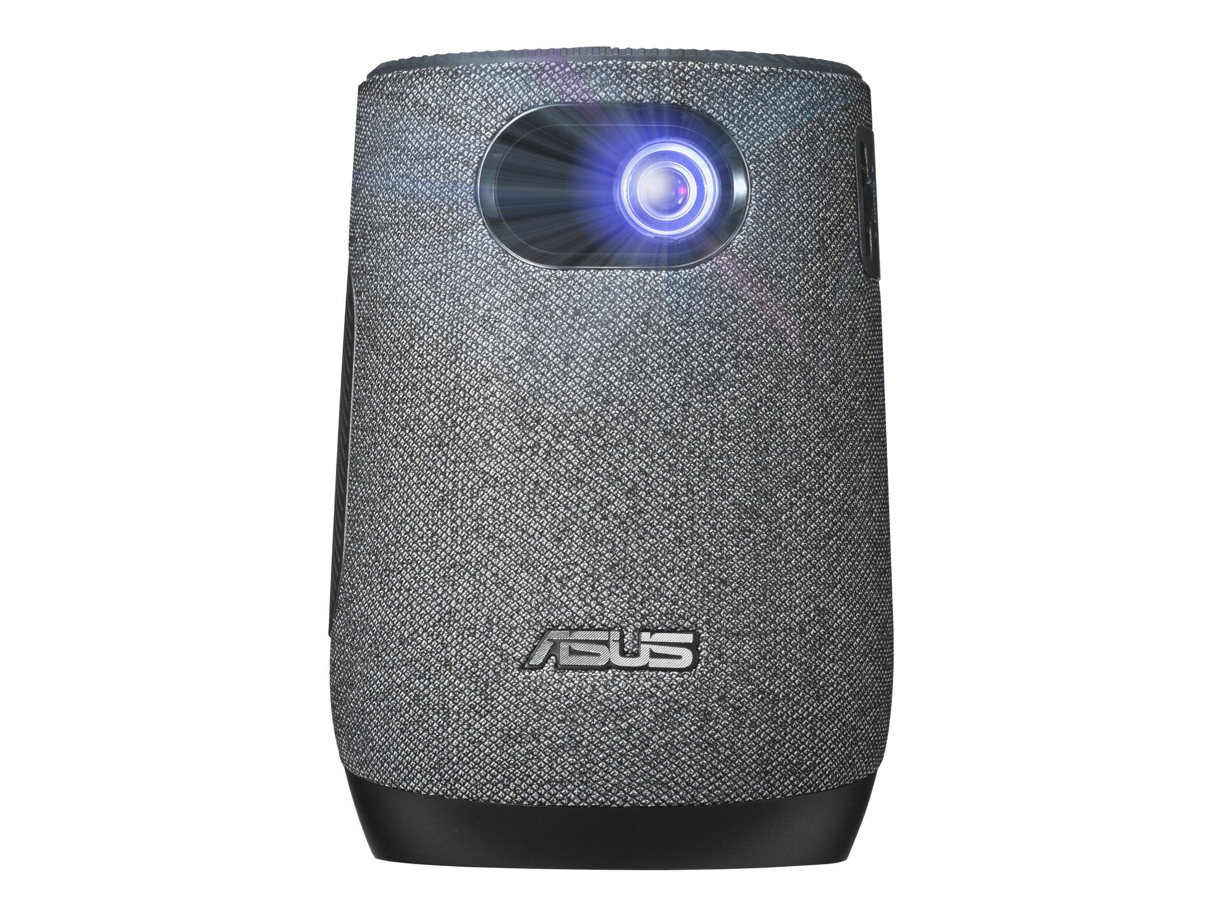 Vorderansicht eines tragbaren ASUS-Projektors mit beleuchteter Linse, dargestellt auf weißem Hintergrund.
