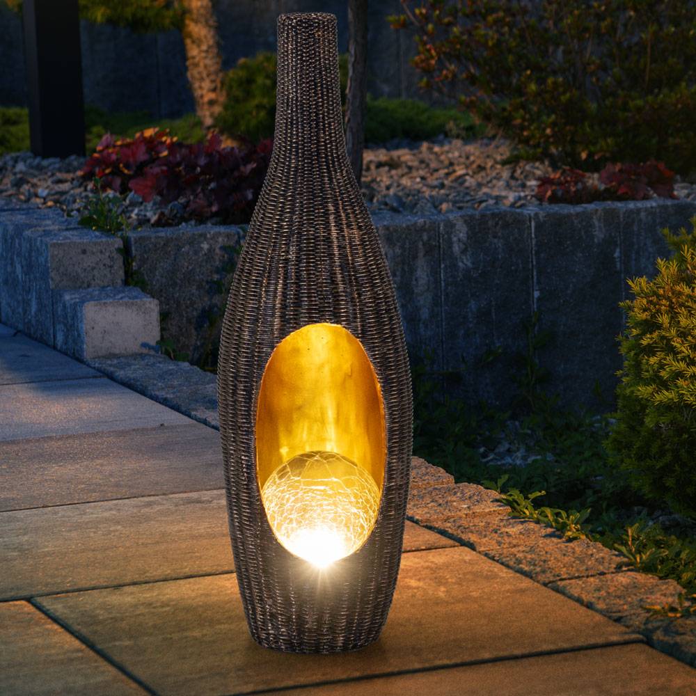 Solarleuchte Gartendeko für Außen Deko Design Solarleuchte Rattan-Optik goldfarben mit Glaskugel, Crackle braun, LED warmweiß, LxH 14,3x45,5 cm, 2e
