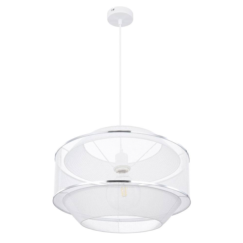 Pendelleuchte Esszimmer Hängeleuchte Hängelampe Metall-Gitter mit Chromringen, weiß silber rund, 1x E27, DxH 45x150 cm, Wohnraum
