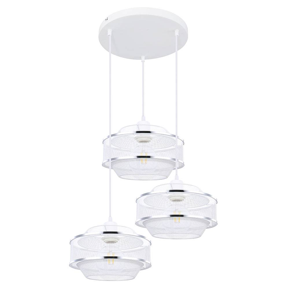 Pendelleuchte Deckenlampe Wohnzimmer Hängelampe 3 flammig Metall-Käfig mit Chromringen, weiß silber rund, 3x E27, DxH 46,5x150 cm