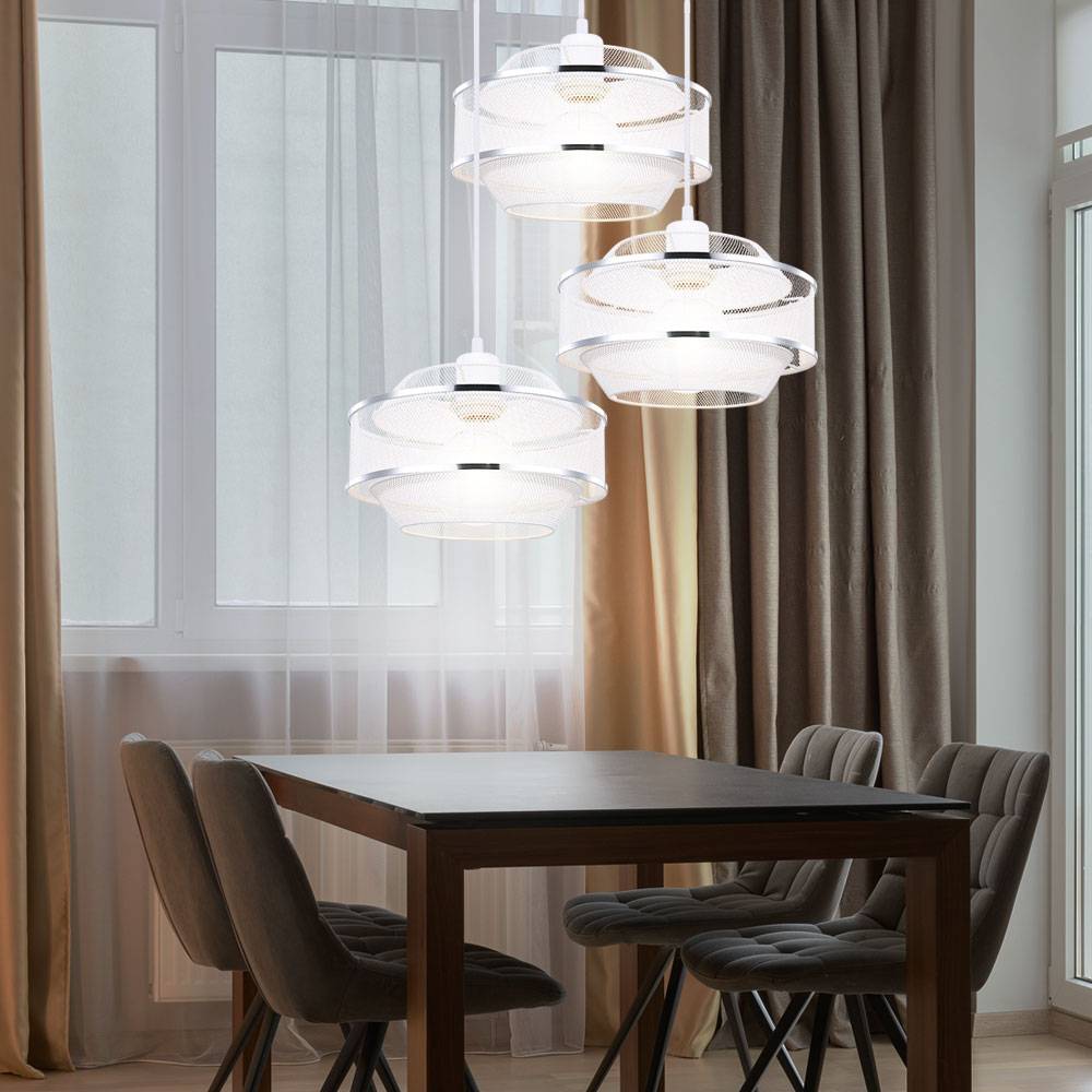 Pendelleuchte Deckenlampe Wohnzimmer Hängelampe 3 flammig Metall-Käfig mit Chromringen, weiß silber rund, 3x E27, DxH 46,5x150 cm