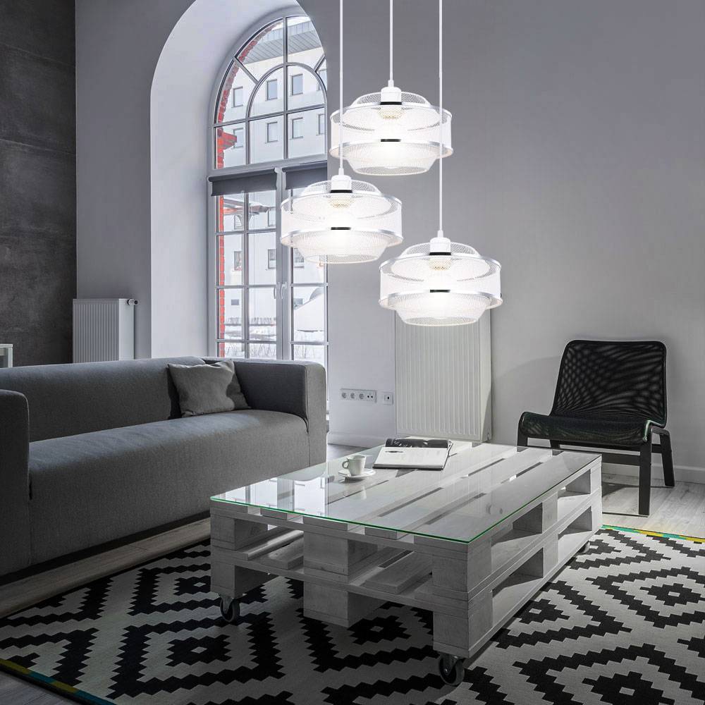 Pendelleuchte Deckenlampe Wohnzimmer Hängelampe 3 flammig Metall-Käfig mit Chromringen, weiß silber rund, 3x E27, DxH 46,5x150 cm