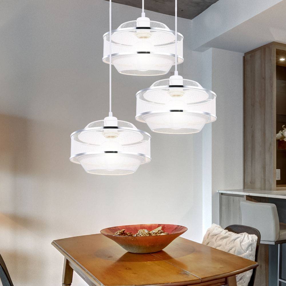 Pendelleuchte Deckenlampe Wohnzimmer Hängelampe 3 flammig Metall-Käfig mit Chromringen, weiß silber rund, 3x E27, DxH 46,5x150 cm