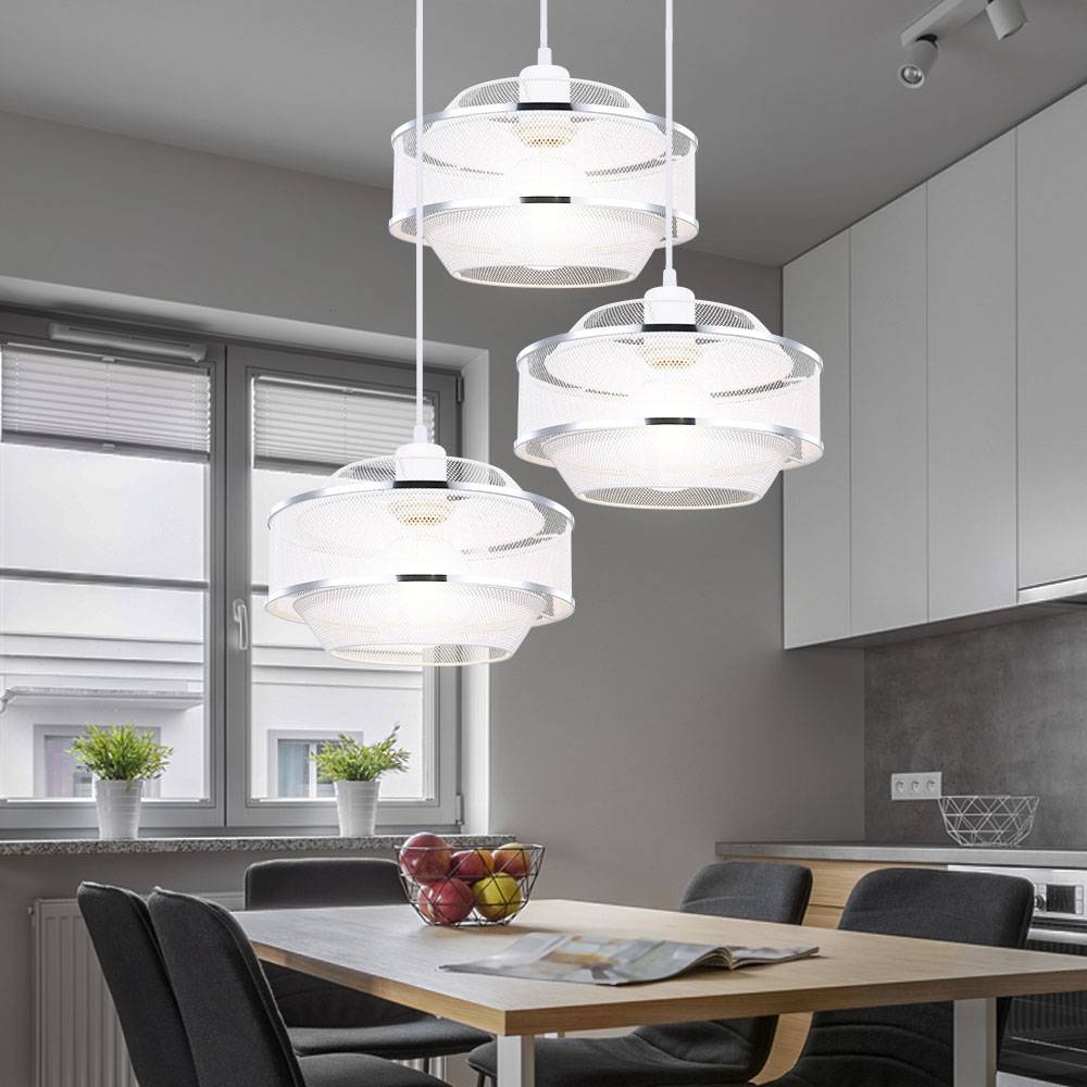 Pendelleuchte Deckenlampe Wohnzimmer Hängelampe 3 flammig Metall-Käfig mit Chromringen, weiß silber rund, 3x E27, DxH 46,5x150 cm
