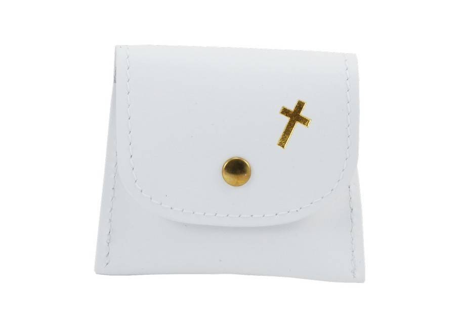 Rosenkranztäschchen weiß, mit goldenem Kreuz und Druckknopf