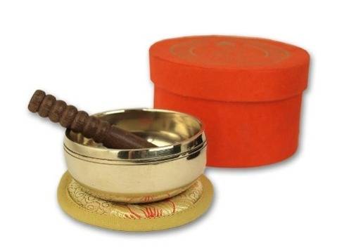 Klangschalen-Set in orangefarbiger Box mit Buddha-Aufdruck Angenehm hell klingende Klangschale in origineller Geschenkverpackung