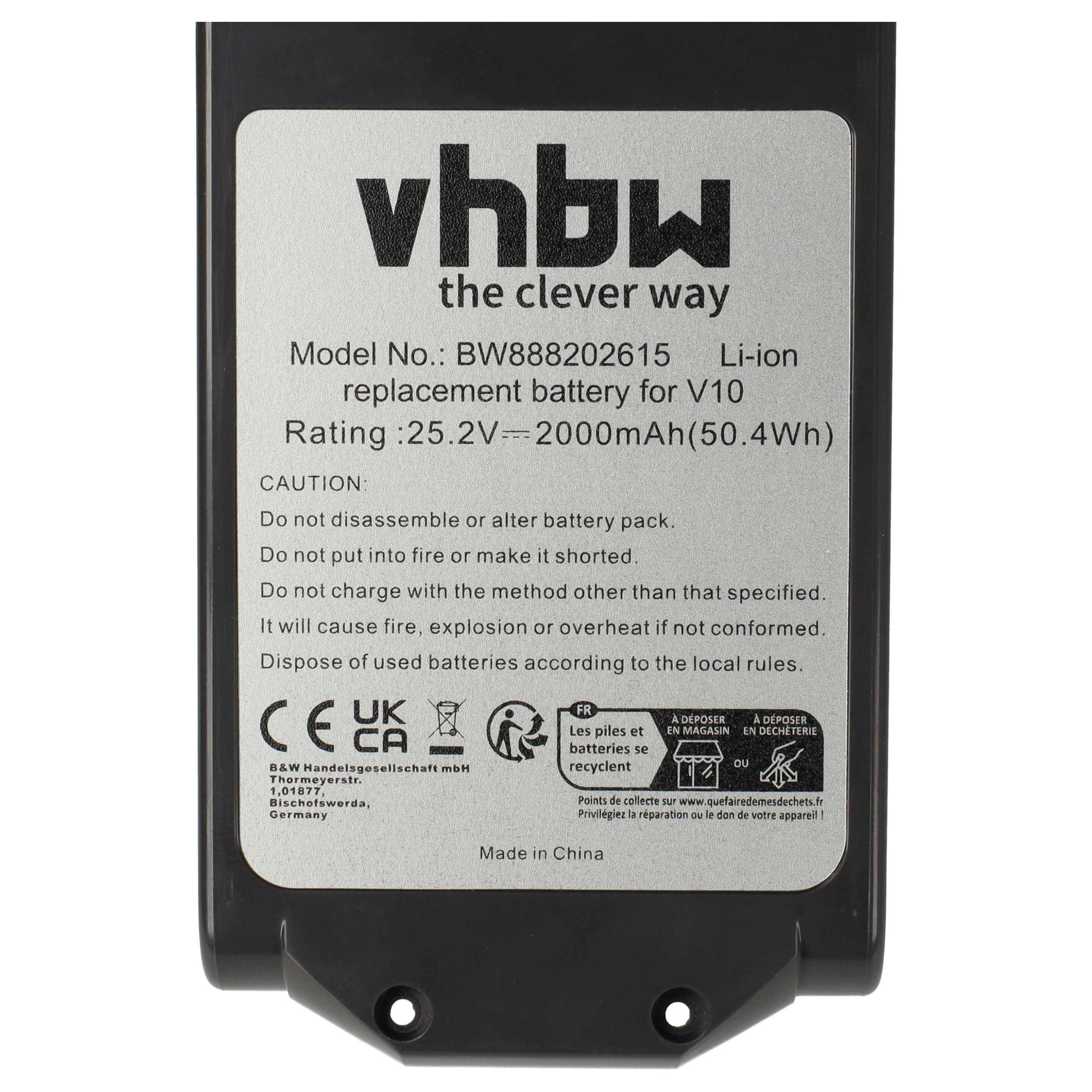 vhbw Akku kompatibel mit Dyson V10, Cyclone V10, V10 Absolute, V10 Animal, V10 Cyclone series Staubsauger Grau (2000 mAh, 25,2 V, Li-Ion)