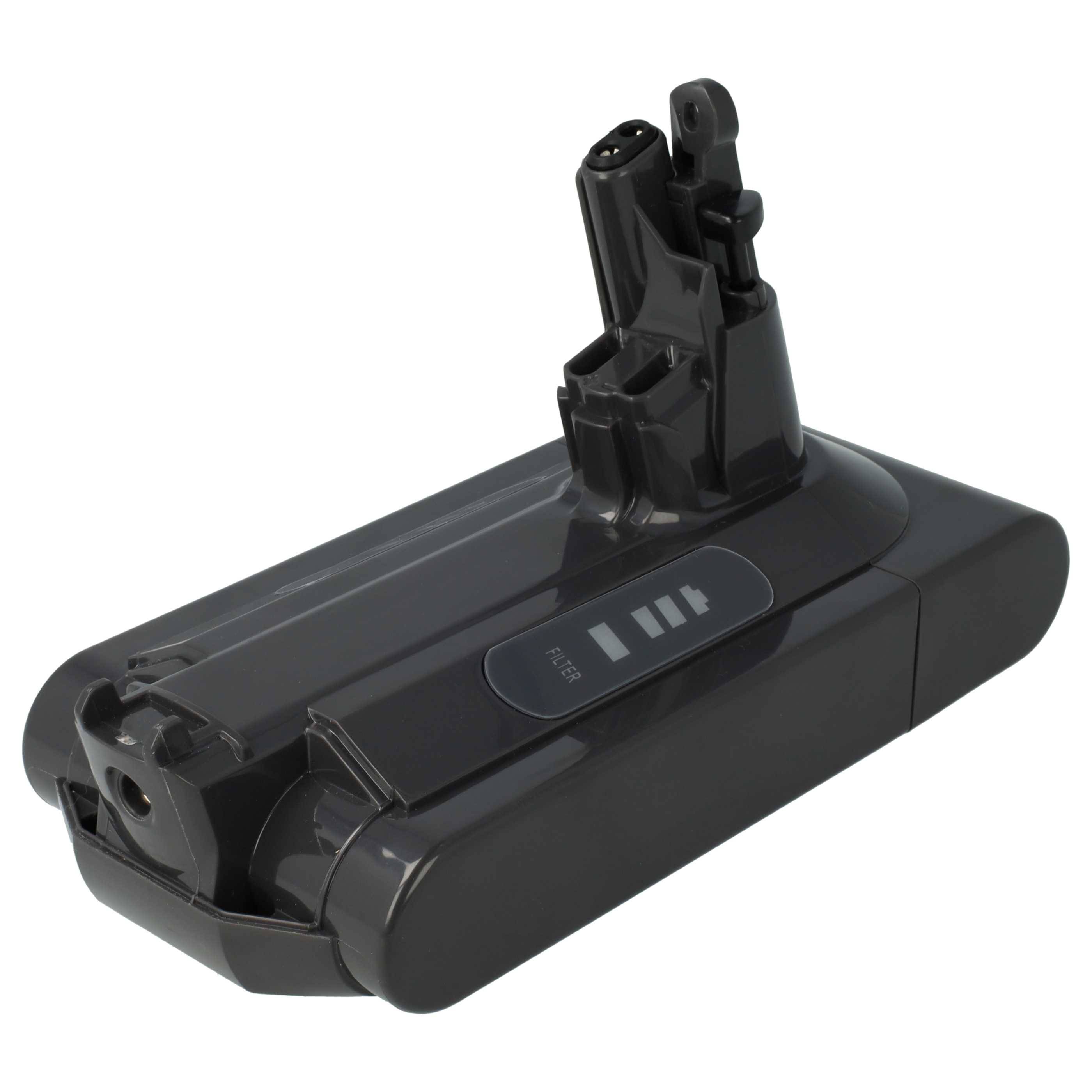 Batteriepack mit integriertem Griff und zwei Anschlüssen, mit einem Batteriestandanzeigeindikator, der drei vollständige Balken auf einem schwarzen Kunststoffgehäuse anzeigt.