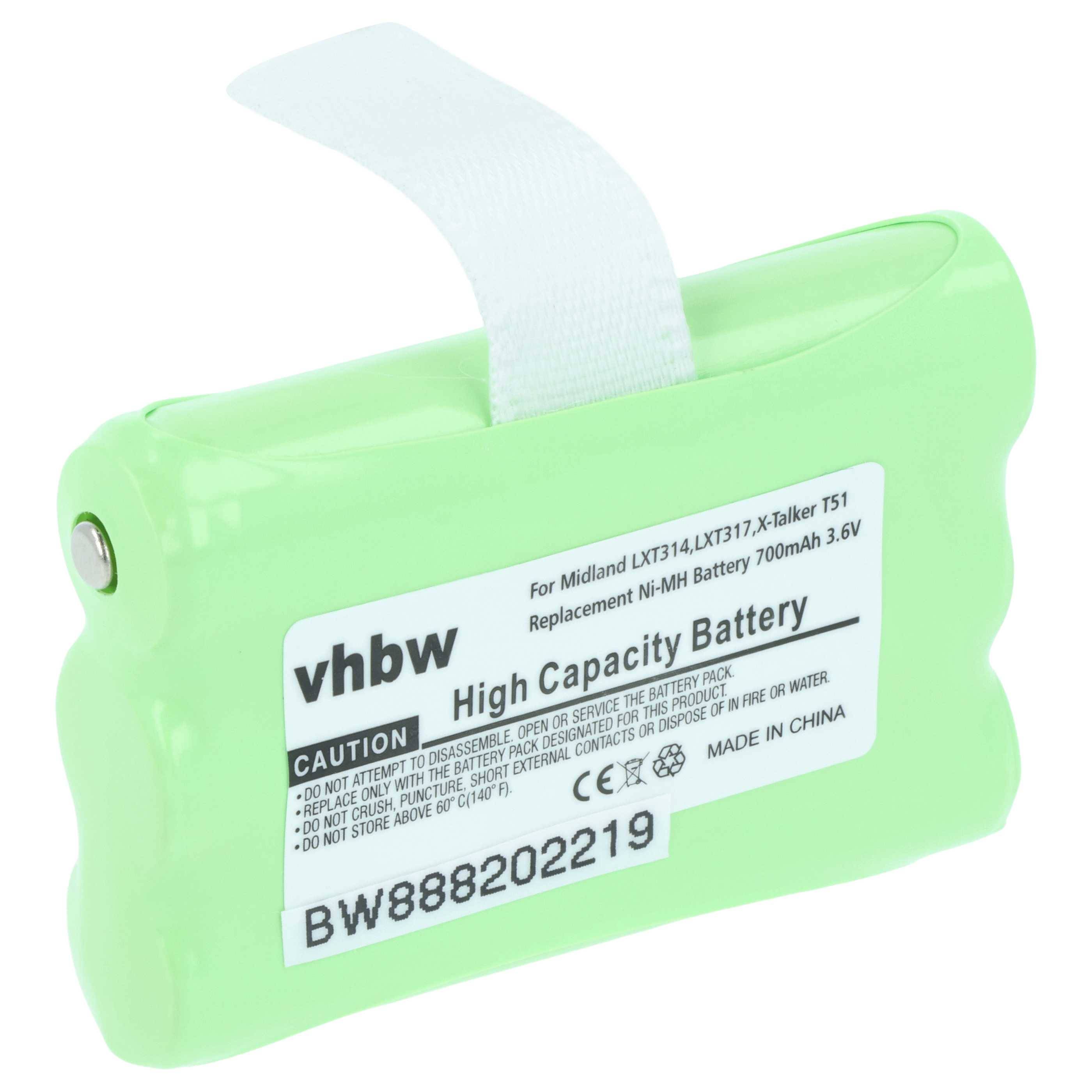 Grüne wiederaufladbare Hochkapazitätsbatterie mit weißem Etikett, kompatibel mit Midland-Geräten, 700mAh, 3,6V. In China hergestellt.