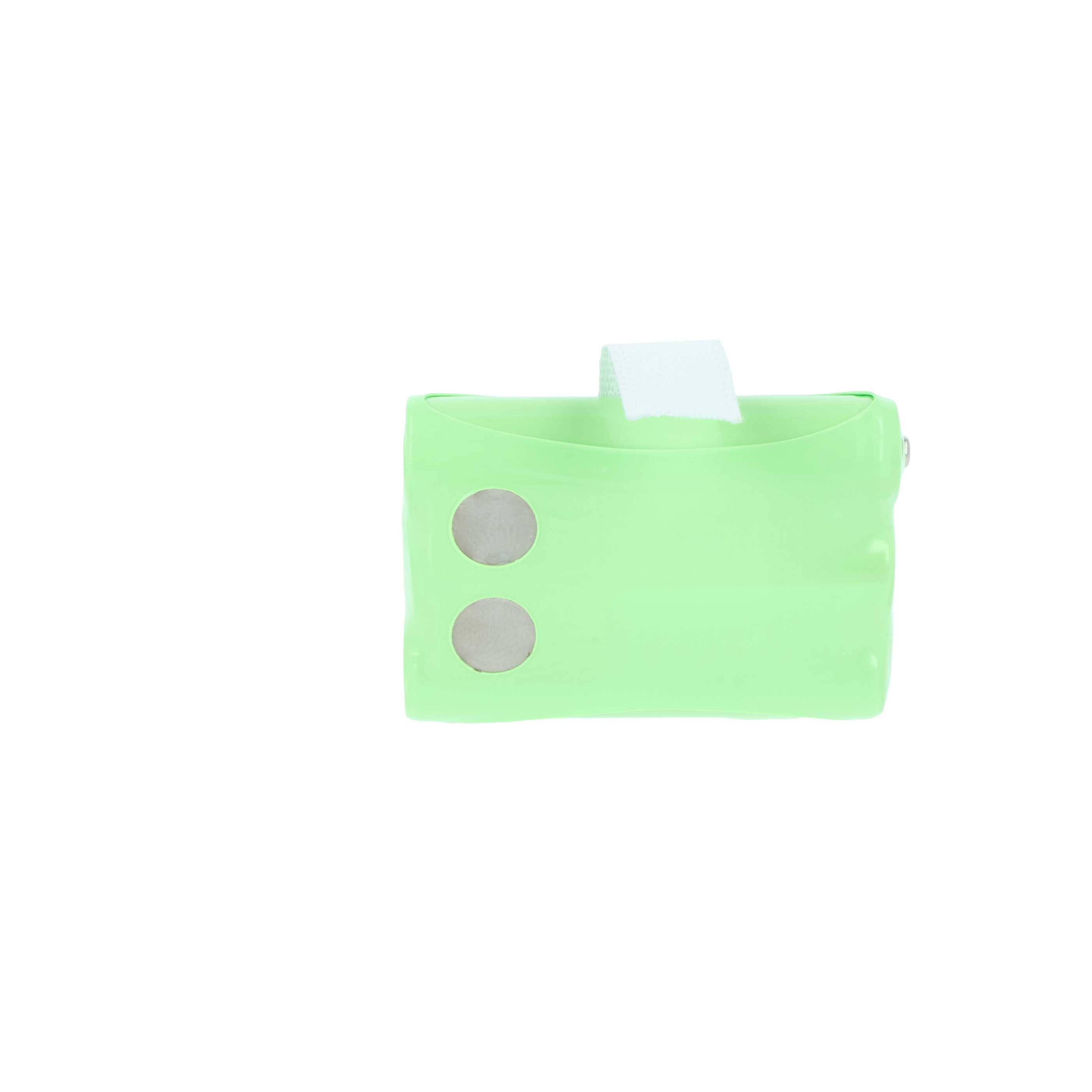 Eine kleine grüne Tasche mit einem weißen Riemen und zwei kreisförmigen Metallschnappverschlüssen auf der Vorderseite.