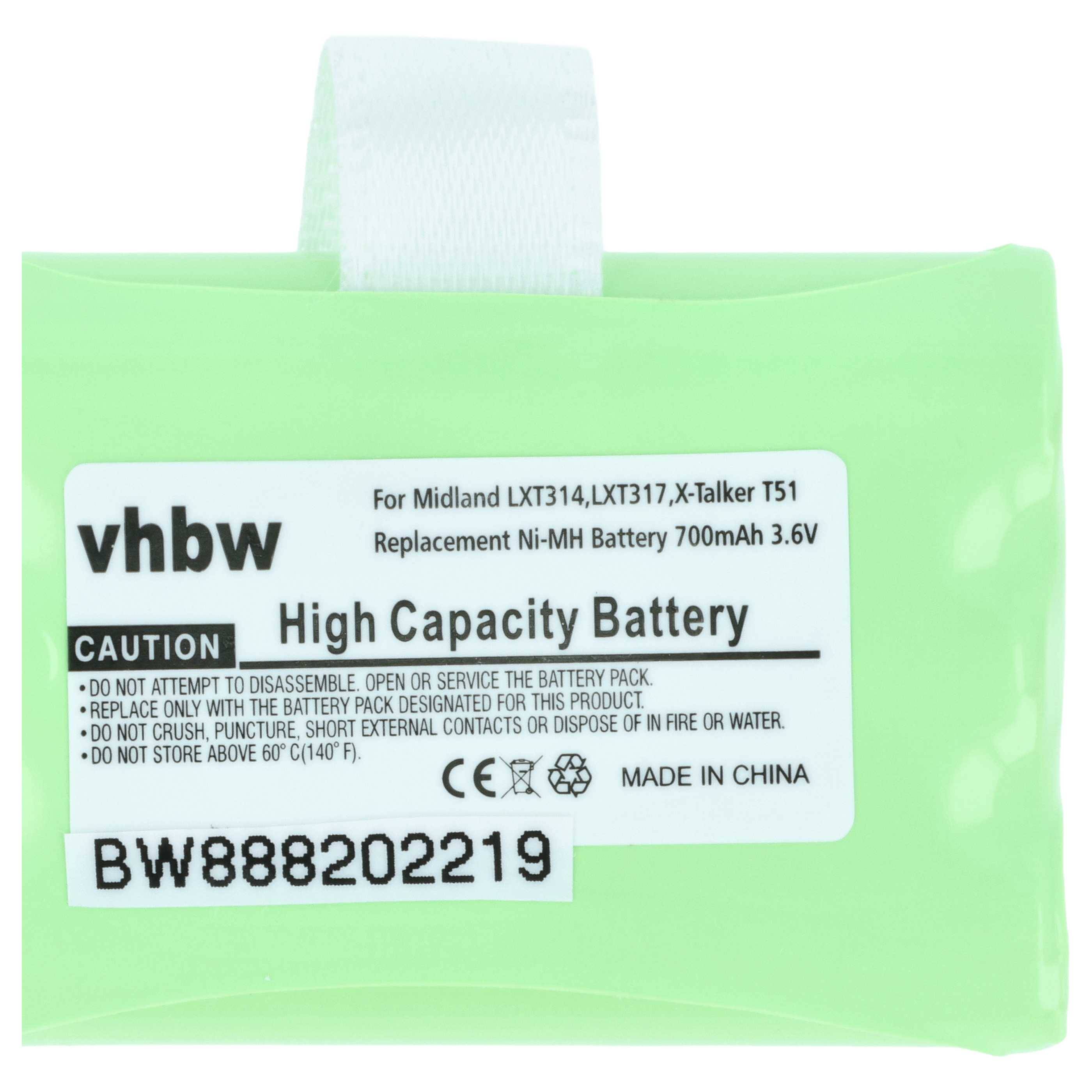 Grüne Batterie für Midland LXT314, LXT317, X-Talker T51. Ni-MH, 700mAh, 3,6V. Inklusive 'Vorsicht: Hochkapazitätsbatterie.' Hergestellt in China.