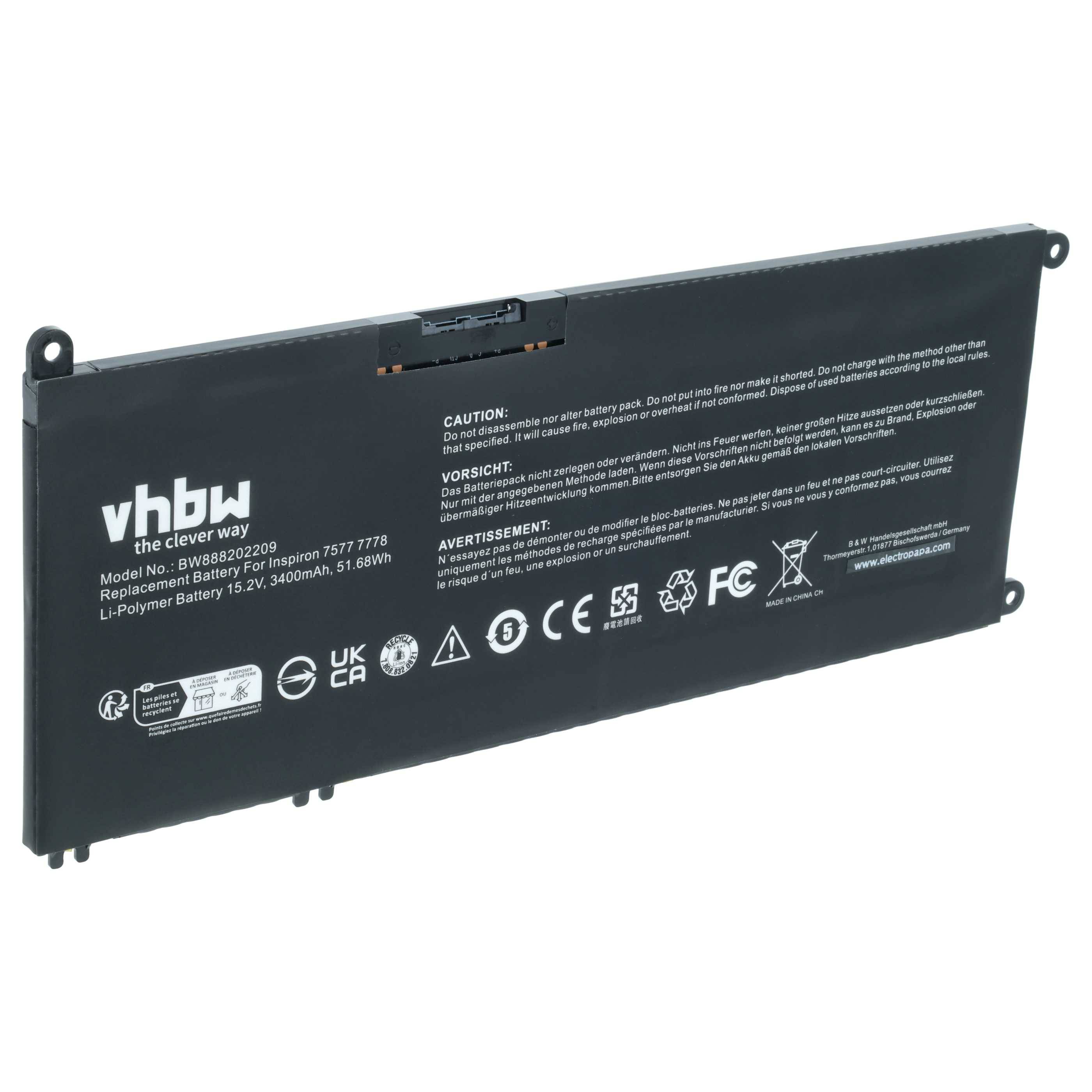 vhbw Akku kompatibel mit Dell N064L3490-D1586CN Notebook (3400mAh, 15,2V, Li-Ion)