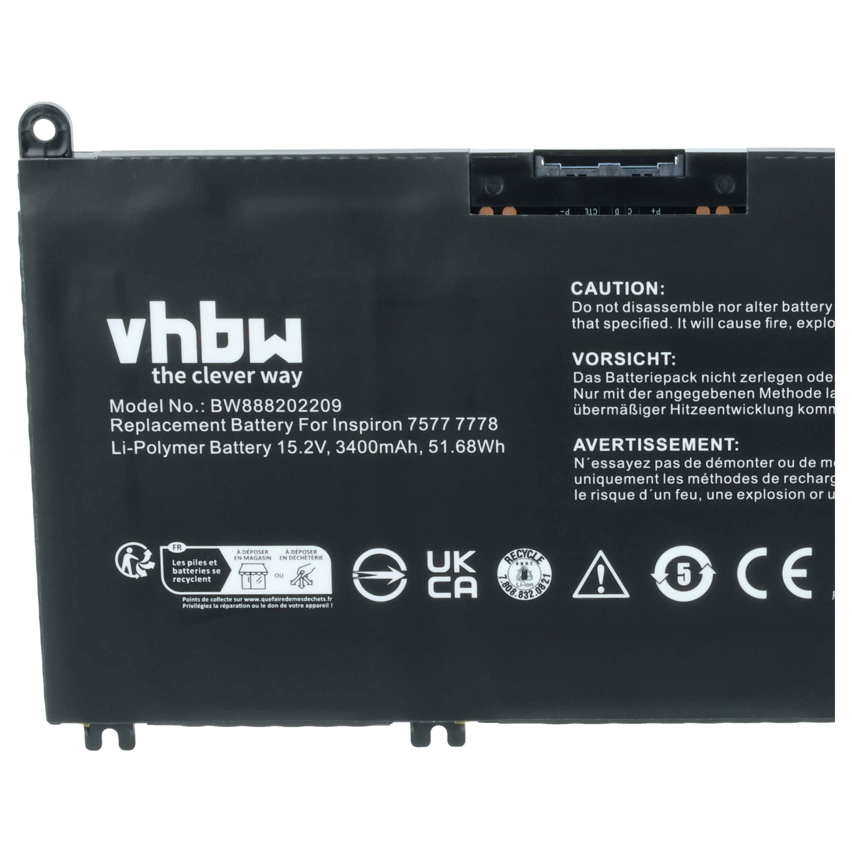 vhbw Akku kompatibel mit Dell G7 7588-D2865B, G7 7588-D2965W0, G7 7588-D2965W, G7 7588-D2865W Notebook (3400 mAh, 15,2 V, Li-Ion)