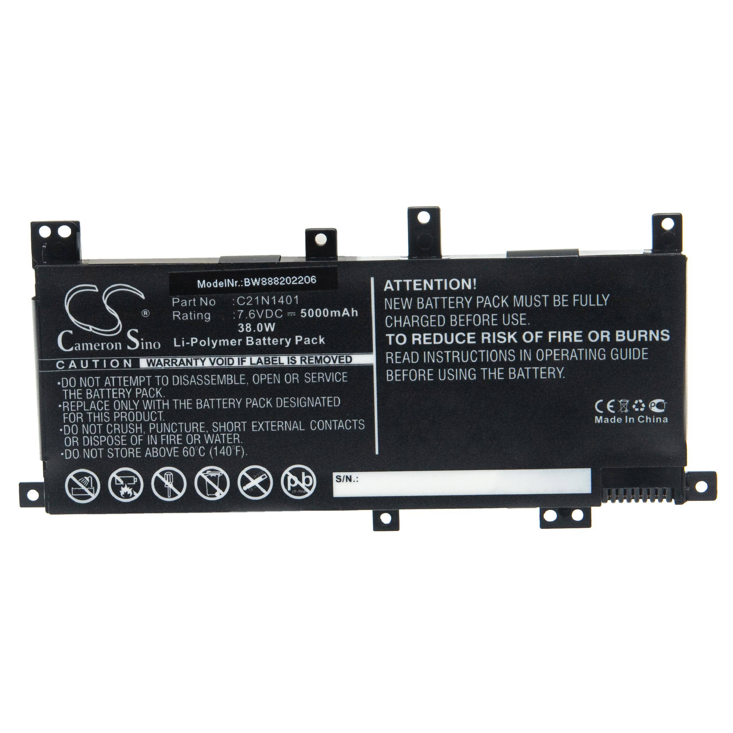 vhbw Akku kompatibel mit Asus X455LA-WX086, X455LA-WX127D, X455LA-WX128D Notebook (5000mAh, 7,6V, Li-Polymer)