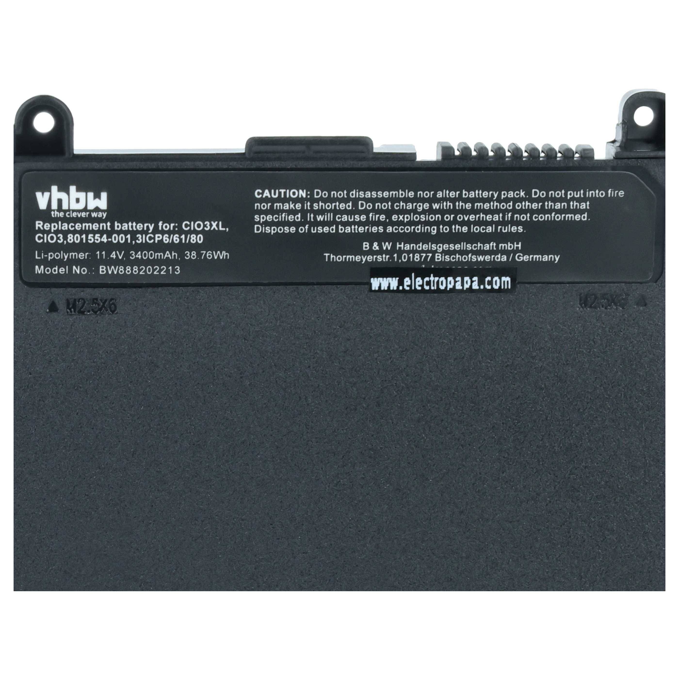 vhbw Akku Ersatz für HP HSTNN-I67C-5, HSTNN-LB6T, HSTNN-PB6K, HSTNN-UB6Q für Notebook (3400mAh, 11,4V, Li-Polymer)