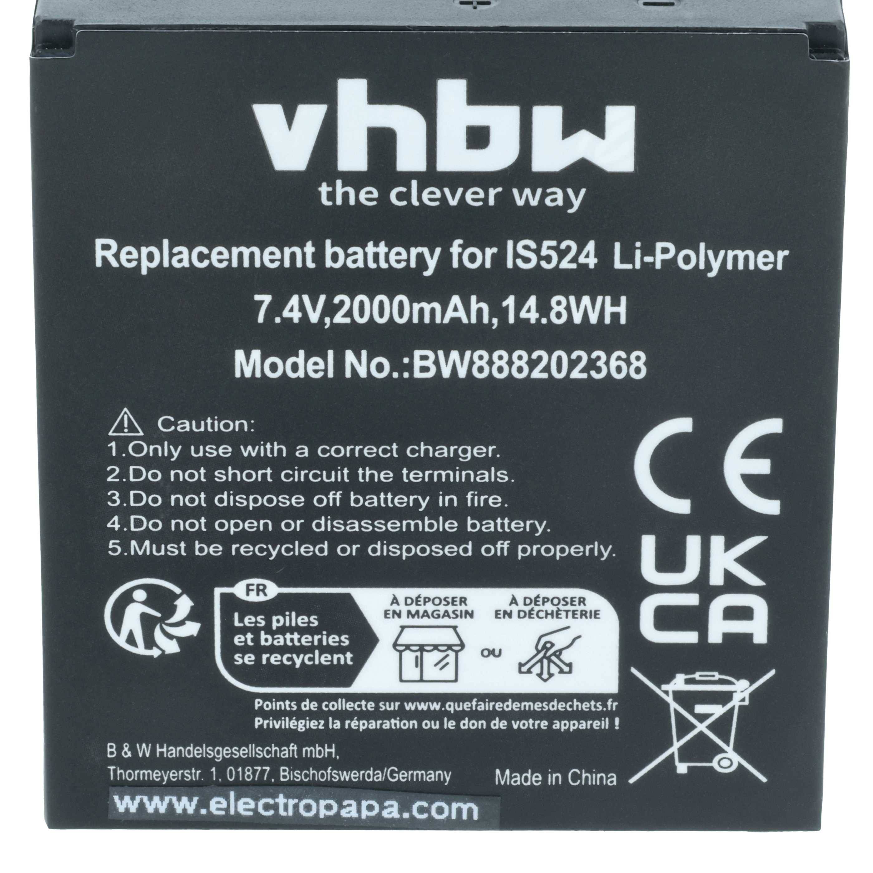 Schwarzer Ersatzakku für IS524, 2000mAh, 14,8Wh, 7,4V, mit Sicherheitshinweisen und behördlichen Zertifizierungen, hergestellt in China.