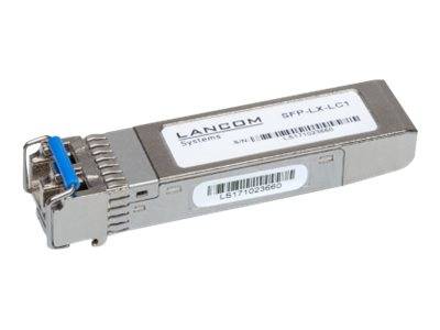 Ein LANCOM SFP-LX-LG1 Optikmodernisierungsmodul mit Metallgehäuse und Stecker, dargestellt auf weißem Hintergrund.