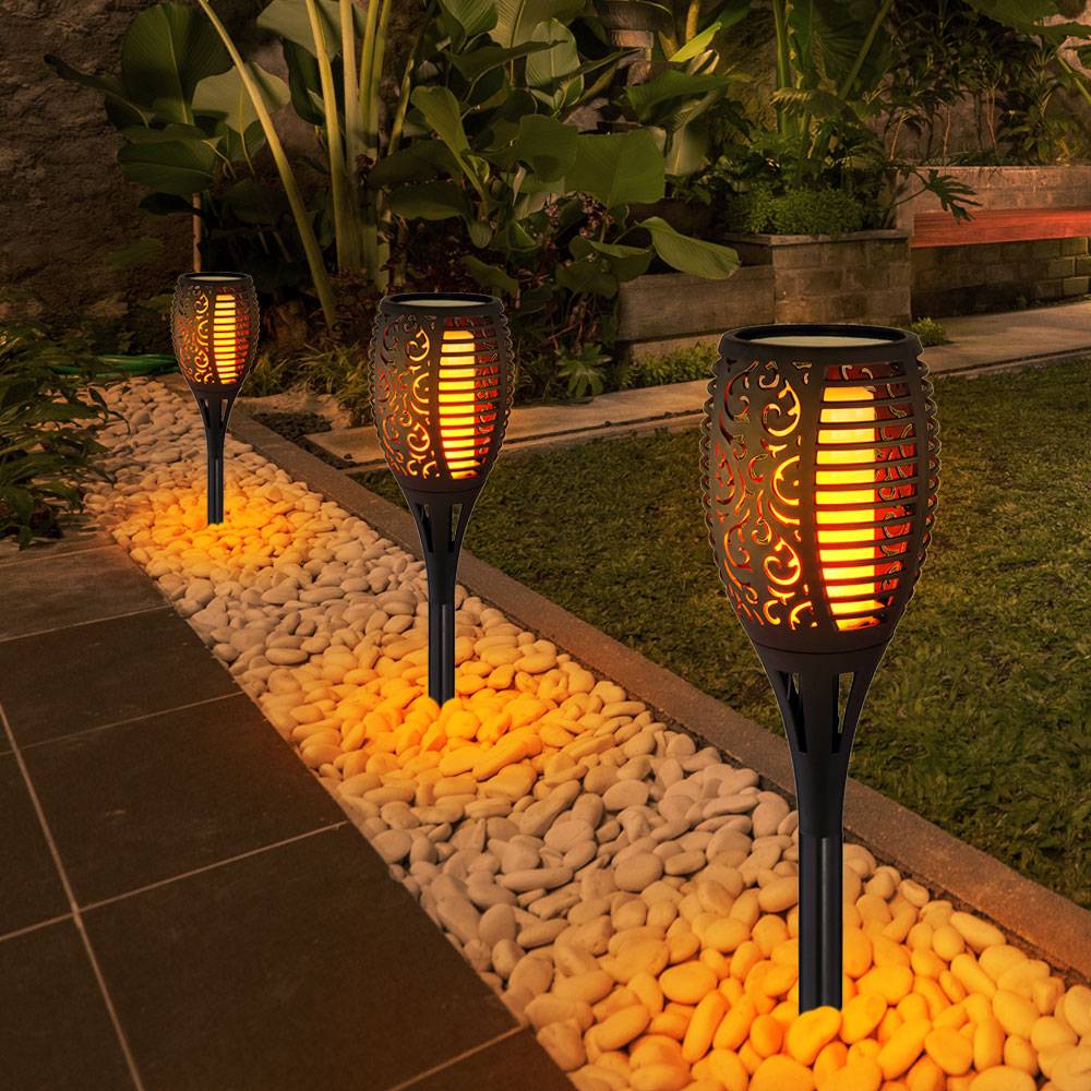 Gartenfackeln Solar Flamme 97,5 cm Solarleuchten Garten Deko Solarlampen für Außen Flammenlicht, Feuereffekt, Kunststoff schwarz, 54x LED gelbe Lich