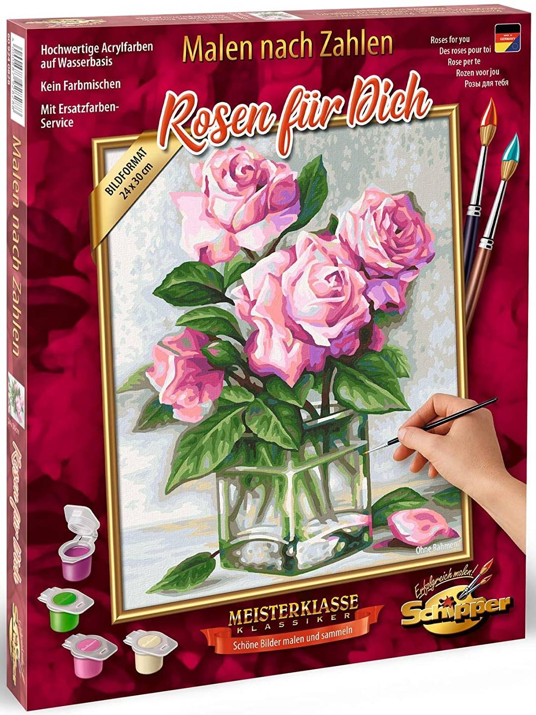 Schipper 609240828 - Malen nach Zahlen, Rosen für Dich, 24 x 30 cm Meisterklasse Klassiker, Mit Acrylfarben auf Wasserbasis und Pinsel, Maltafel mit
