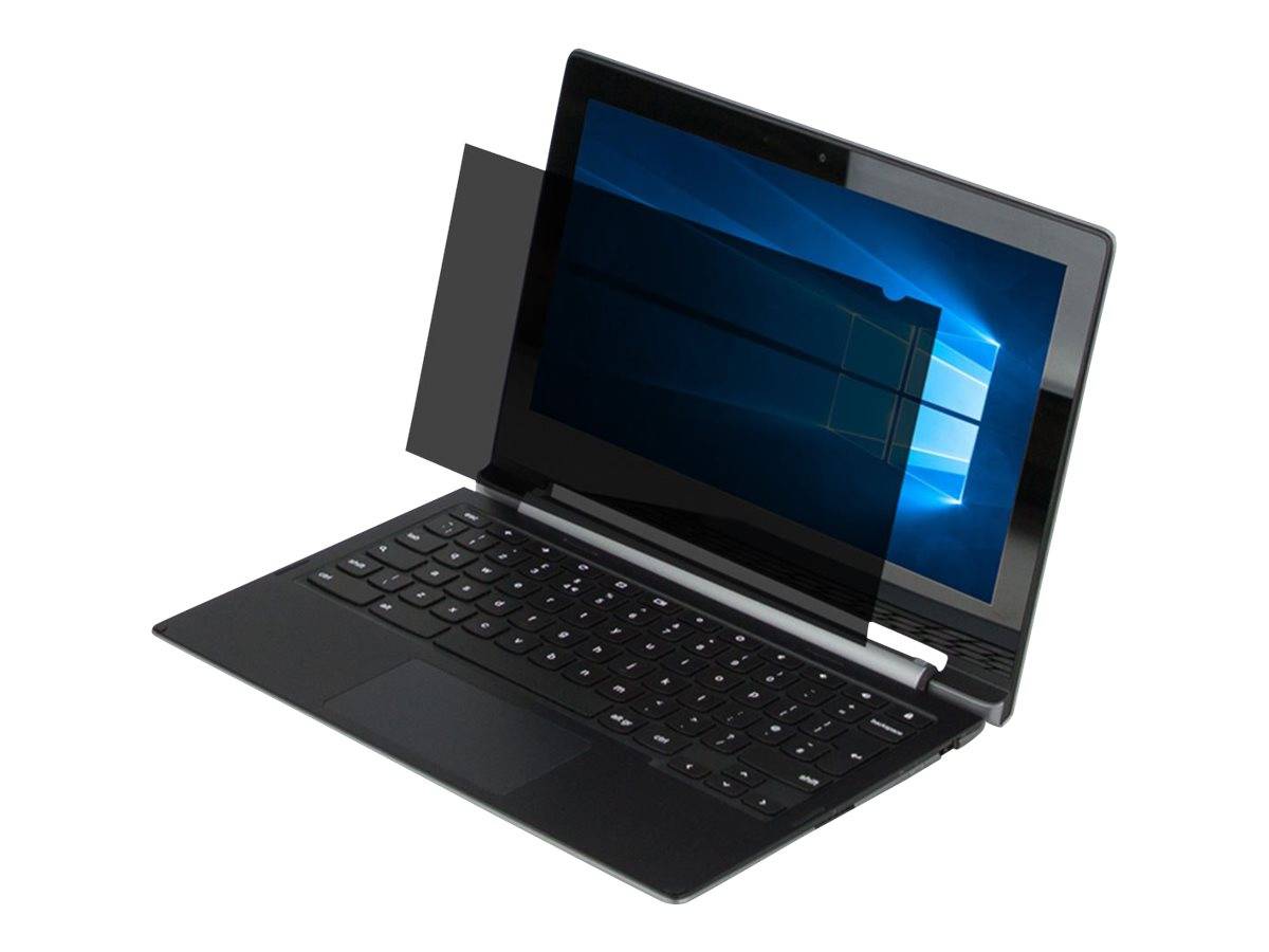 Schwarzer Laptop mit teilweise geöffnetem Windows-Bildschirm, in Dreiviertelansicht auf weißem Hintergrund dargestellt.