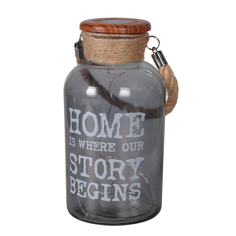 LED Hängeleuchte Solar Schalter 20 cm Solarleuchte Garten Deko Solarlampe für Außen Hanfseil Glas, Schriftzug, Hanfseil braun, 10x LED warmweiß,