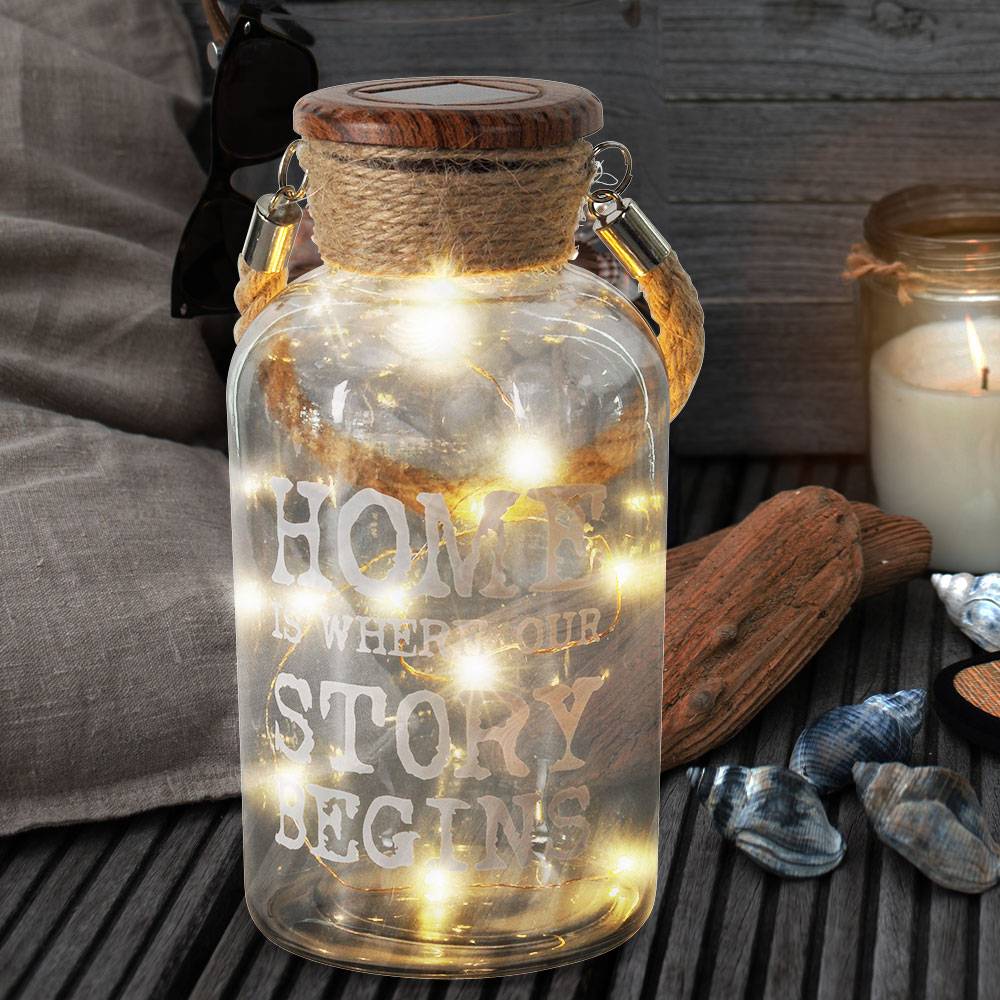 LED Hängeleuchte Solar Schalter 20 cm Solarleuchte Garten Deko Solarlampe für Außen Hanfseil Glas, Schriftzug, Hanfseil braun, 10x LED warmweiß,